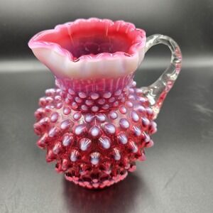 VTG Fenton Cranberry Hobnail Opalescent Ruffle Handle Jug Pitcher 5.75" MCM '40s